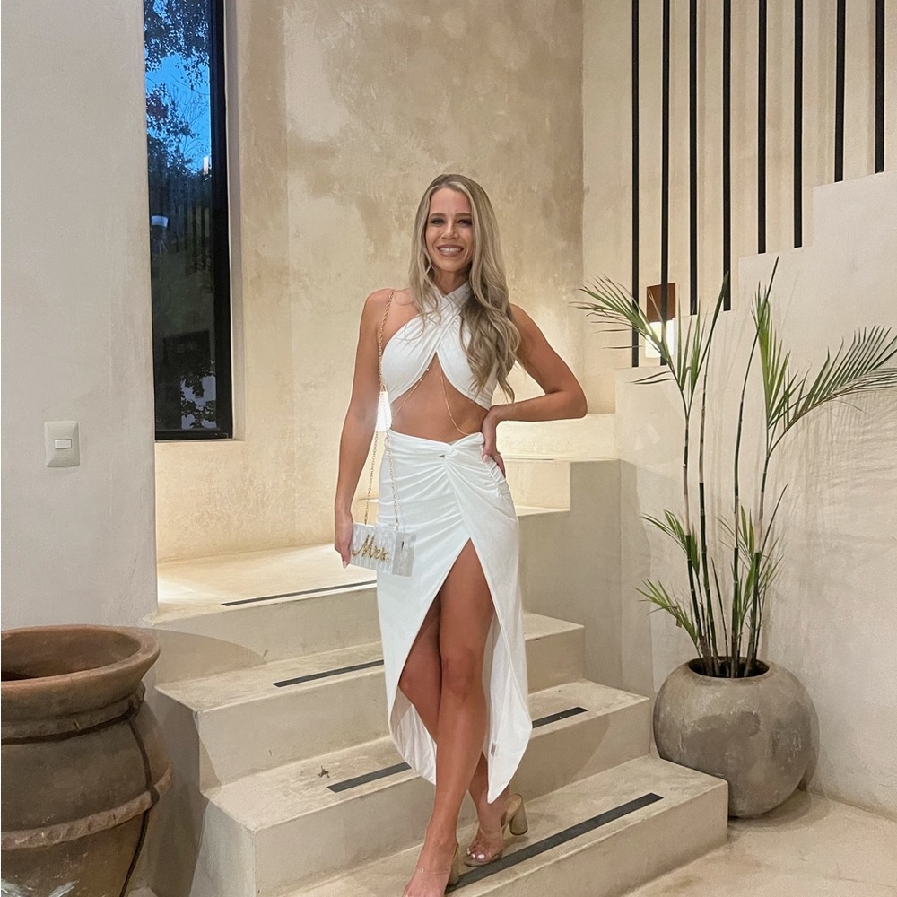 Two piece white outfit.